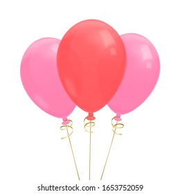 Three Realistic Flying Balloons With Golden Ribbon Illustration. Pink And Red Balloons. Isolated On White Background. Stock Vector.