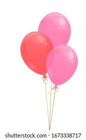 Three Realistic Flying Balloons With Golden Ribbon Illustration. Pink And Red Balloons. Isolated On White Background. Stock Vector.