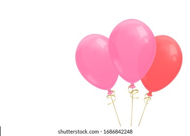 Three Realistic Flying Balloons With Golden Ribbon Illustration. Pink And Red Balloons. Birthday Greeting Card With Copy Space For Text. Isolated On White Background. Stock Vector.