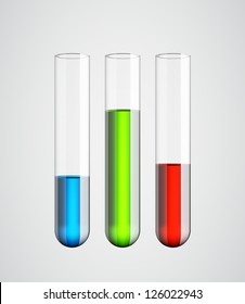 Three realistic glass tubes with colorful liquids isolated. EPS10 vector.