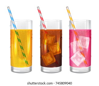 Three realistic glasses of beverages with straws. Cola with ice cubes. Yellow lemonade. Strawberry pink soda. Transparent tall glasses of lemonade. Vector illustration on white background