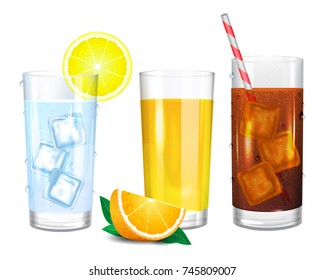 Three realistic glasses of drinks. Cola with straw. Yellow orange juice and piece of fruit. Water with ice cubes. Vector illustration on white background