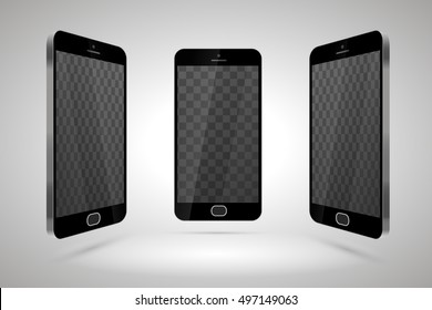 Three realistic glossy smartphones, mockup with transparent place for layout on light background