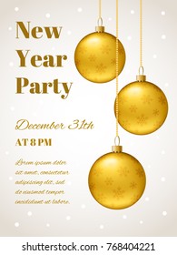 Three realistic golden Christmas balls on a light background. Invitation Template to a New Year party or a vertical banner. You can write your own text. Vector illustration.