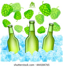 Three realistic green bottle of beer stand in ice cubes among flying depth of field hop cones on white background