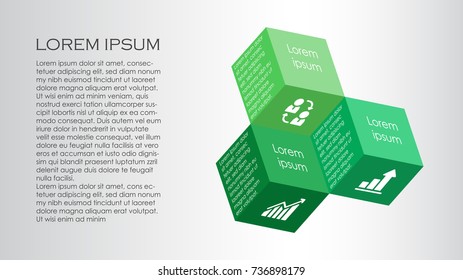 Three realistic green cubes with place for text. Vector illustration
