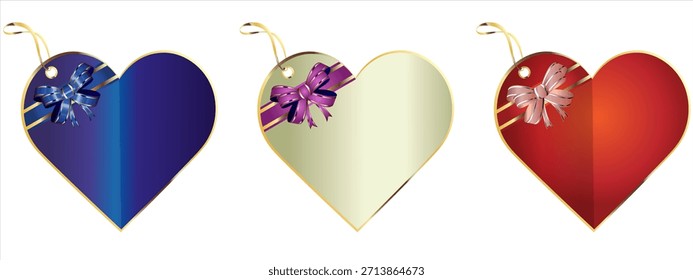 Drei realistische Herzen auf weißem Hintergrund. Hearts-Sammlung. Herzen mit Bow. Weihnachtsgeschenk Dekoration, Valentinstag Geschenk, Weihnachtsgeschenk Tape Knoten, Band, glänzenden Verkauf Bänder Set. Vektorgrafik
