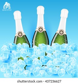 Three realistic mock up bottle of champagne among ice cubes on blue background