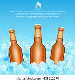 Three realistic mock up brown bottle of beer in ice cubes on blue background