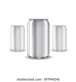 Three realistic mock up realistic can on white background. Vector illustration with depth of field effect