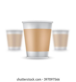 Three realistic mock up coffee or tea plastic cup on white background. Vector illustration with depth of field effect