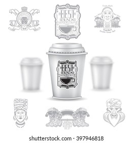 Three realistic mock up coffee or tea plastic cup with cap and  silhouette labels on white background. Vector illustration with depth of field effect