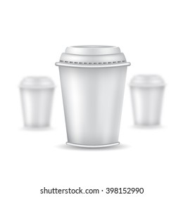 Three realistic mock up coffee or tea plastic cup with cap on white background. Vector illustration with depth of field effect