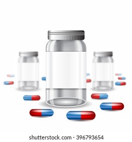 Three realistic mock up glass or plastic empty jar with pills around on white background. Vector illustration with depth of field effect