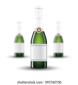 Three realistic mock up green champagne bottle on white background. Vector illustration with depth of field effect