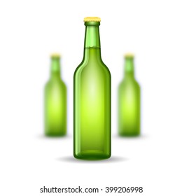 Three realistic mock up green glass beer bottle on white background. Vector illustration with depth of field effect