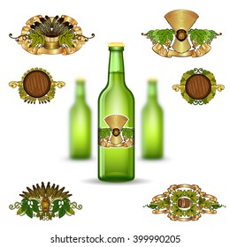 Three realistic mock up green glass beer bottle and luxury labels on white background. Vector illustration with depth of field effect