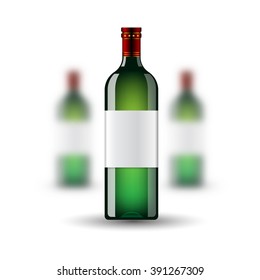 Three realistic mock up green wine bottles on white background. Vector illustration with depth of field effect