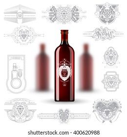 Three realistic mock up red wine bottle and silhouette labels on white background. Vector illustration with depth of field effect