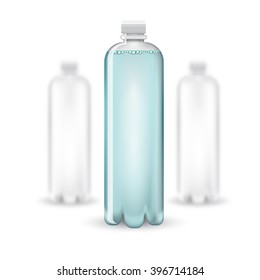 Three realistic mock up white plastic bottle with clean blue watter on white background. Vector illustration with depth of field effect