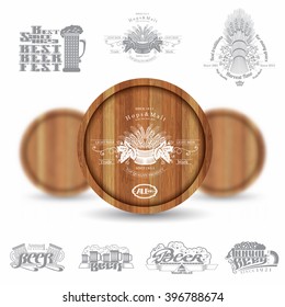 Three realistic mock up wood barrel and silhouette labels on white background. Vector illustration with depth of field effect