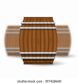 Three realistic mock up wood barrel on white background. Vector illustration with depth of field effect