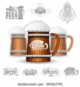 Three realistic mock up wood mug and silhouette labels on white background. Vector illustration with depth of field effect