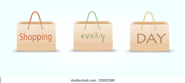 three realistic paper bag with colored handle and inscription  "Shopping every day"  on soft blue background