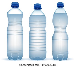 Three realistic plastic bottles with water with close blue cap on white background. Vector illustration