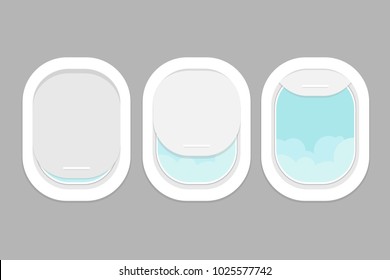 Three realistic portholes of airplane with open and closed window. View from the airplane window to the clouds. View from the porthole. Vector illustration.