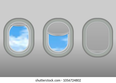 Three realistic portholes of airplane from white plastic with open and closed window shades vector illustration