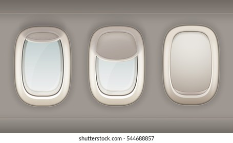 Three realistic portholes of airplane from white plastic with open and closed window shades vector illustration