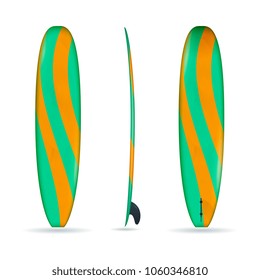 Three realistic projections of longboard made in green and orange colors isolated vector illustration
