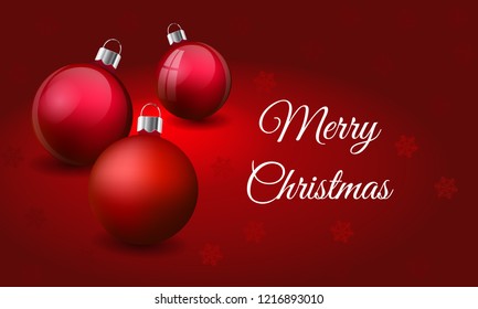 Three realistic red shiny ball, glass christmas 3d baubles on red background with falling snowflakes, luxury holiday greeting card with merry christmas sign, vector EPS10 illustration