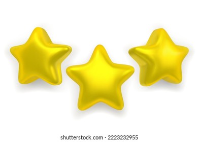 Three realistic shiny lucky stars isolated on white background. 3D rendering. Achievements for games. Customer rating feedback concept. Smooth yellow stars. 