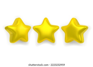 Three realistic shiny lucky stars isolated on white background. 3D rendering. Achievements for games. Customer rating feedback concept. Smooth yellow stars. 