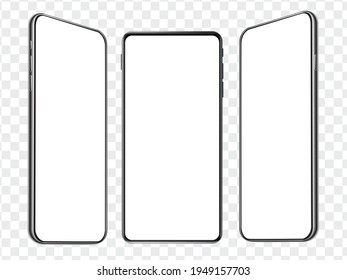 Tres plantillas isométricas realistas de simulación de smartphone. Pantalla blanca en blanco del teléfono móvil. Modelo de usuario de interfaz de usuario de dispositivo para la plantilla de presentación. 