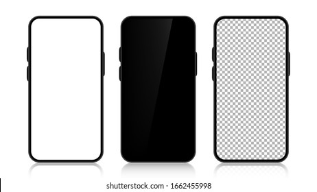 Tres dispositivos de simulación de smartphone realistas. Diseño de pantalla en blanco, blanco y transparente de teléfono móvil sobre fondo blanco. Marco negro. Vector