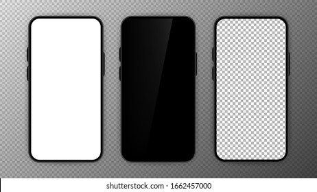 Three realistic smartphone mockup set. Mobile phone blank, white, transparent screen design on transparent background. Black frame. Vector