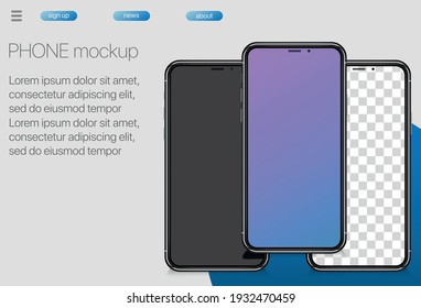 Three realistic smartphone mockup set. Mobile phone blank, white, transparent screen design. Vector