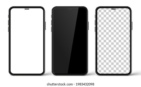 Three realistic smartphone mockup set. Mobile phone blank, white, transparent screen design on white background. Vector illustration