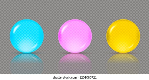 Three realistic transparent spheres or balls in different shades of blue, pink and yellow green colors with reflections. Vector illustration eps10