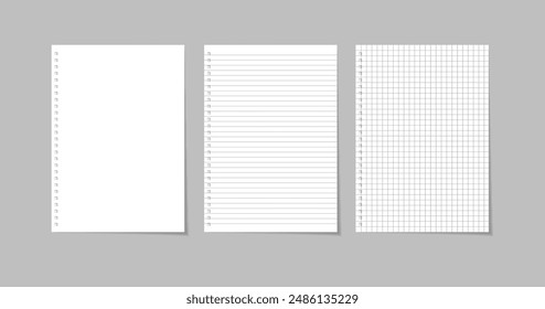 Three realistic vector illustration of blank sheets of square and lined paper on a gray background with shadows