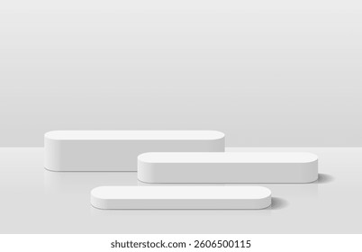 Three realistic white 3d round podium pedestal in clean studio room. Minimal scene for product display presentation. Podium stage for product mockup. Vector geometric platform. 3D vector rendering.