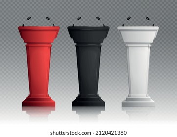Tres tribunas realistas de blanco negro y rojo para conferencias con micrófonos sobre fondo transparente ilustración vectorial aislada