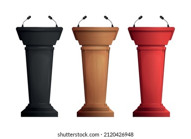Three realistic wooden black and red tribunes for debate with microphones isolated vector illustration