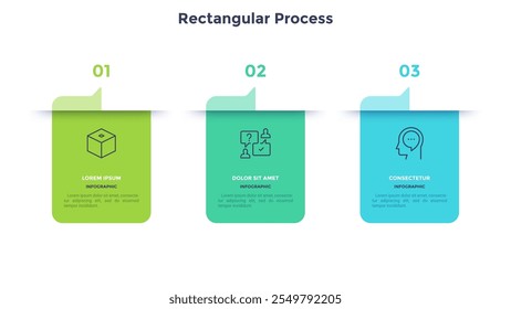 Tres marcos rectangulares con flechas colocadas en fila Horizontal. Concepto de 3 etapas del proceso de gestión estratégica. Plantilla de diseño infográfico plano moderno. Ilustración vectorial simple para la presentación.