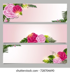 Three rectangle banner with pink roses illustration