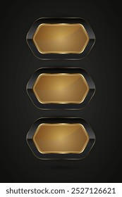 Três retângulo Botões pretos e dourados com design em forma de hexágono de luxo com 3 dourado, brilho metálico no centro, ilustração vetorial