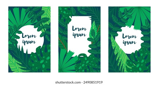 Three rectangle botanical handdrawn illustrations featuring various tropical leaves, each with a text placeholder. Suitable for social media posts, mobile apps, banner design, and web or internet ads.